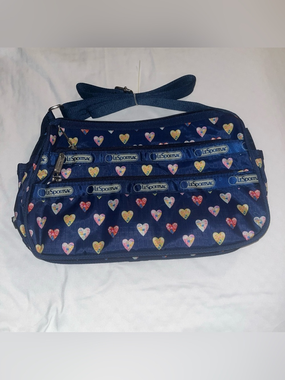 Le Sportsac Navy Blue & Pink Yellow Hearts Shoulder Bag 12x7